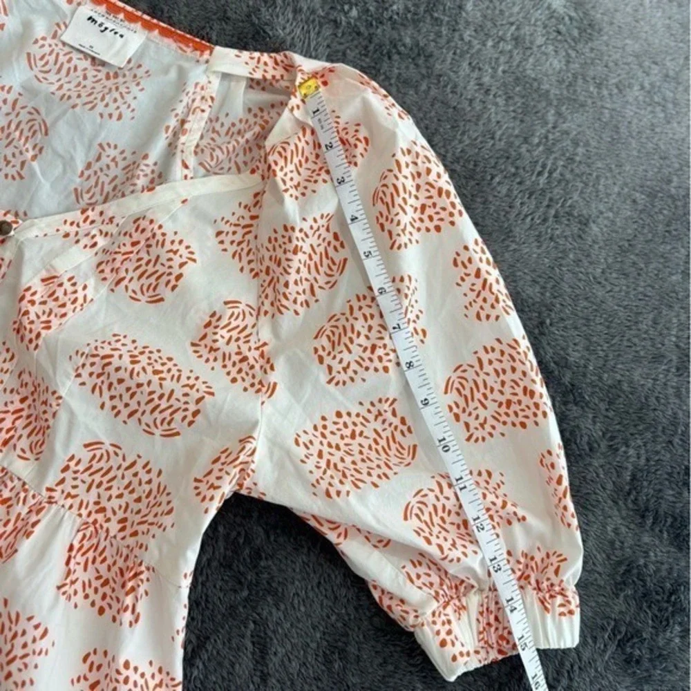 Anthropologie Moglea Orange White Abstract Print‎ Puff Sleeve Babydoll Top XS